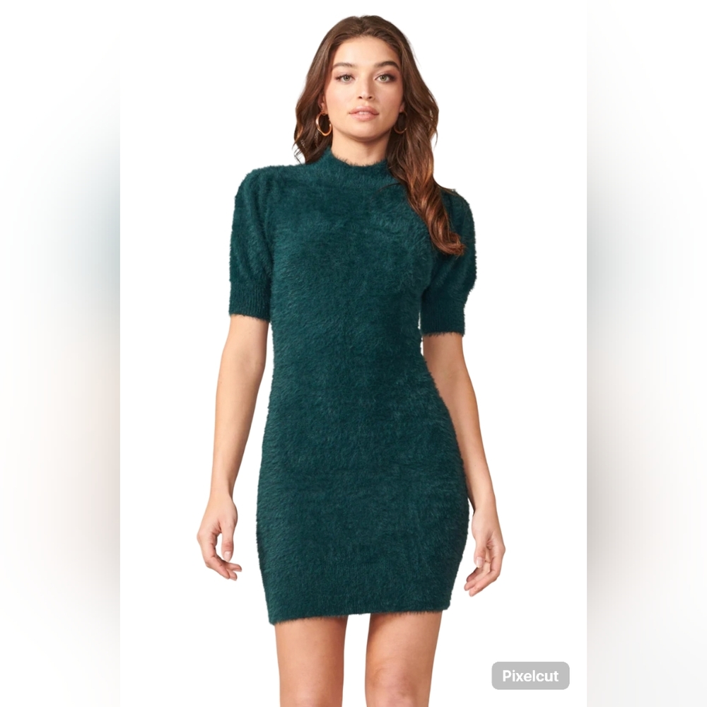 Adelyn Rae Green Fuzzy knit mini dress Retro Bodycon High Neck 3/4 sleeve.